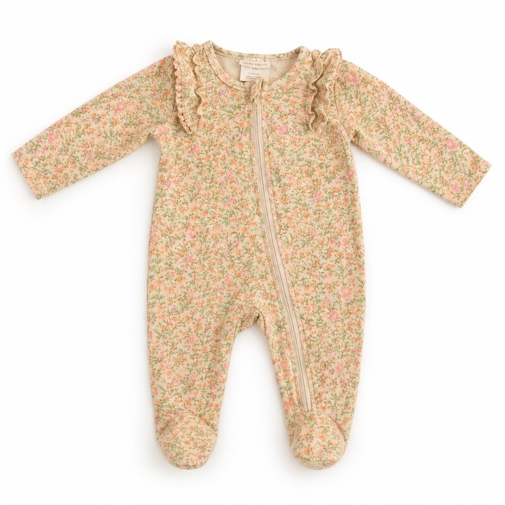 Laura Ashley Pajamas Floral‎ Ruffle Footed Sleeper Baby Girls 6-9 Months Pink